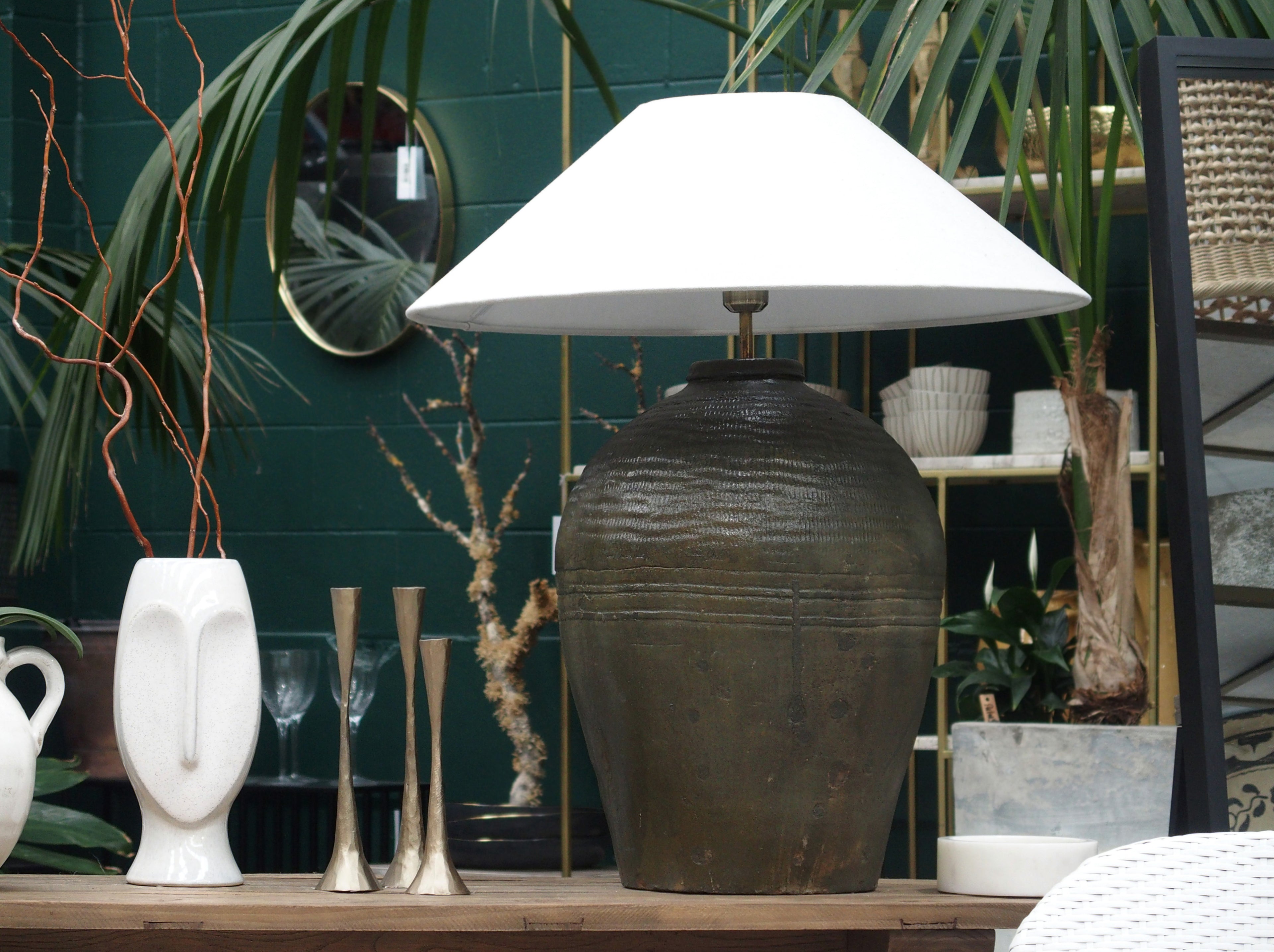 Lamp Base & Linen Shade (Olive Pot)