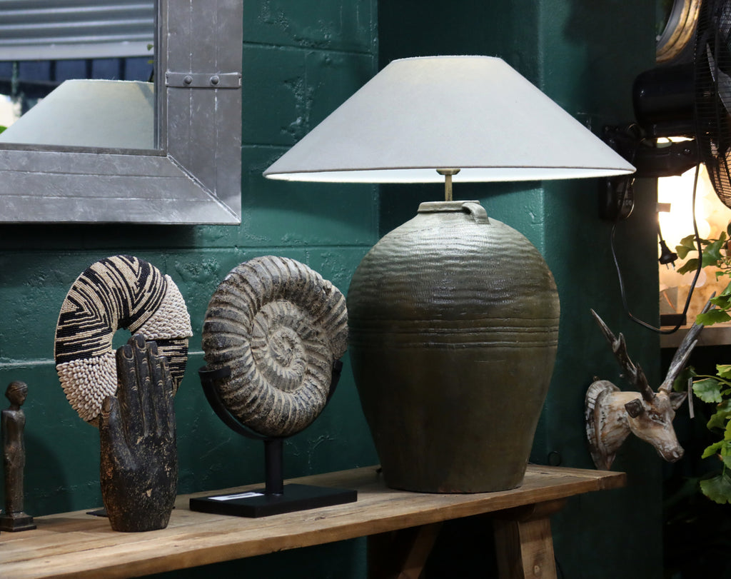 Lamp Base & Linen Shade (Olive Pot)