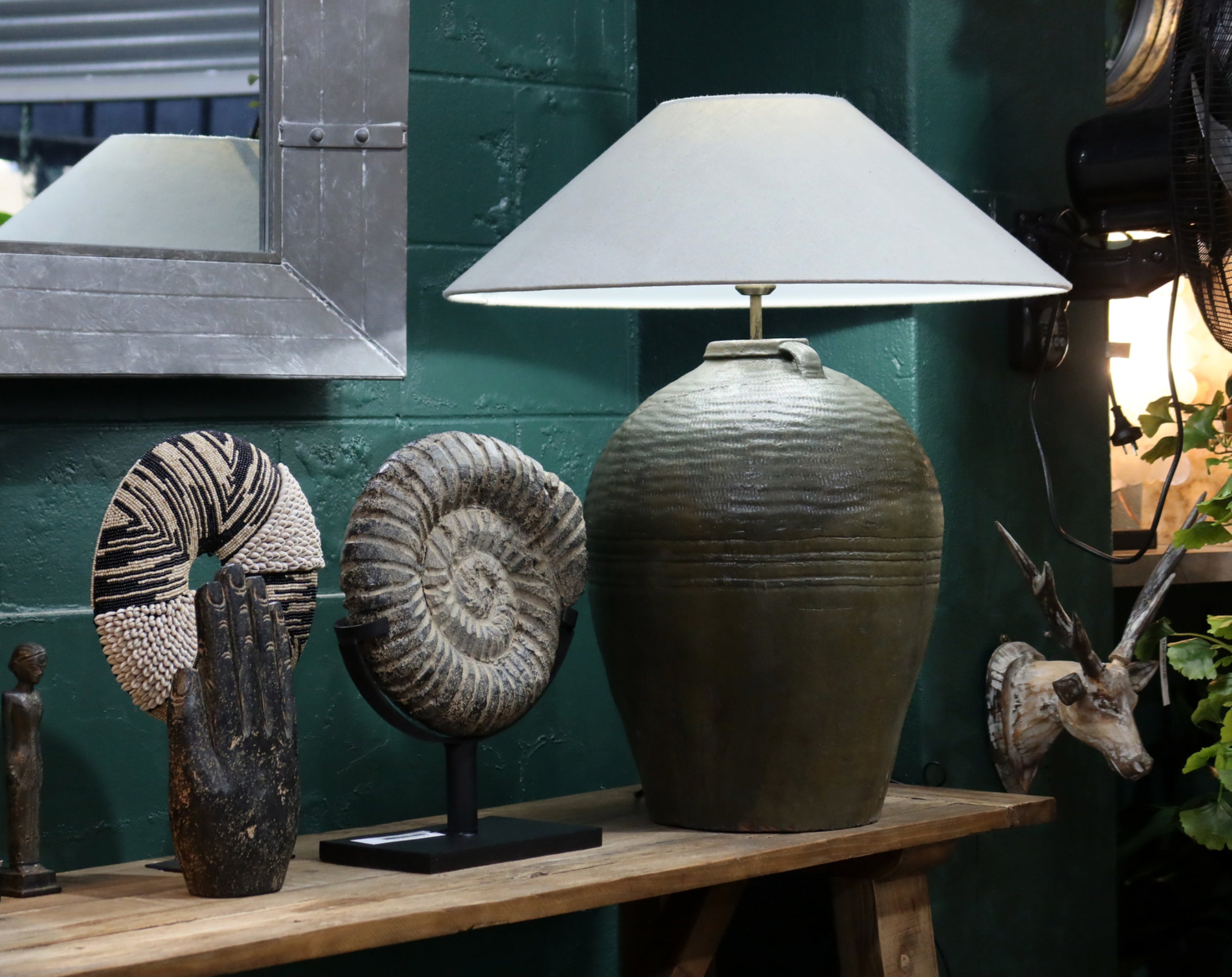 Lamp Base & Linen Shade (Olive Pot)