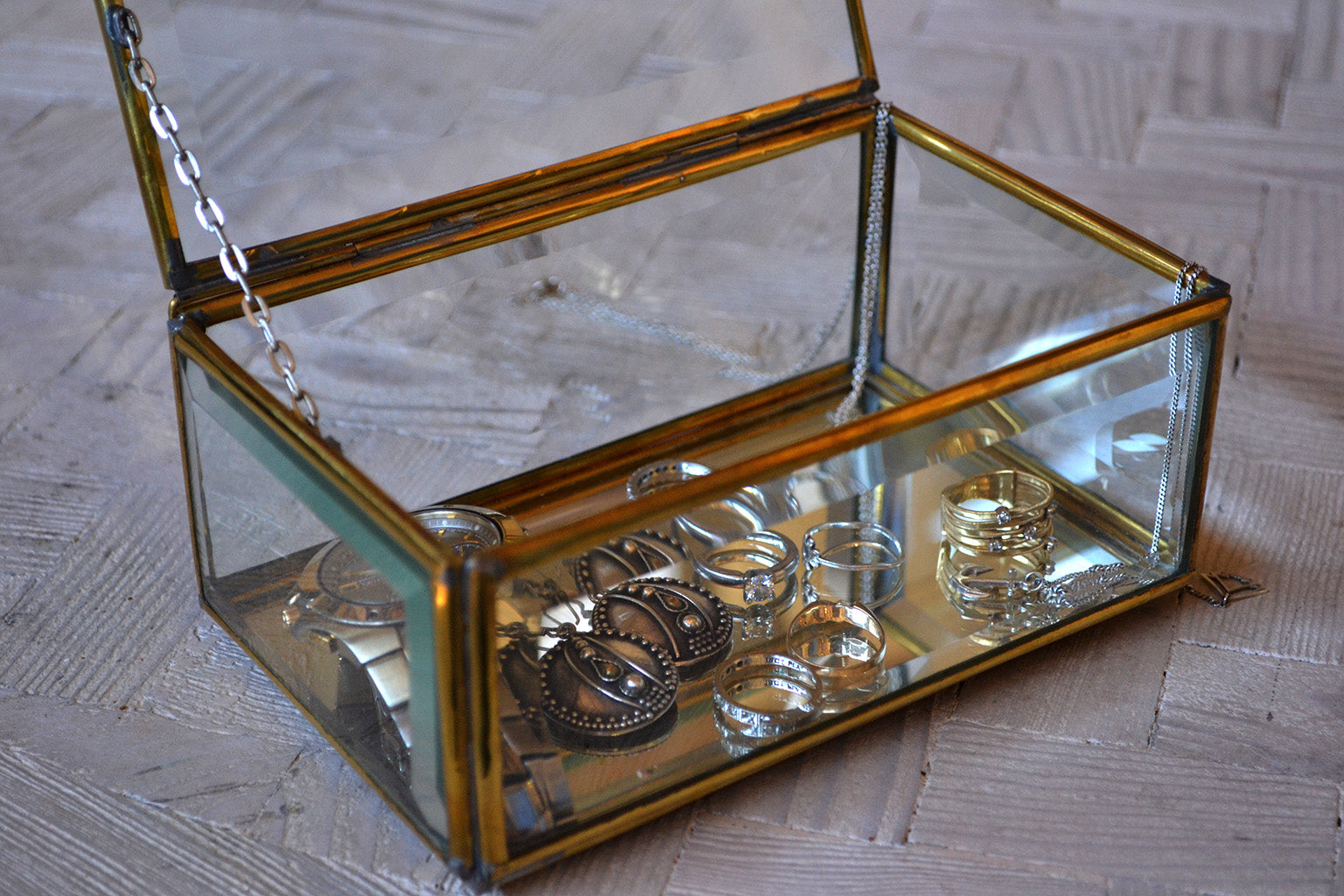 Glass Jewellery Box Brass Antique
