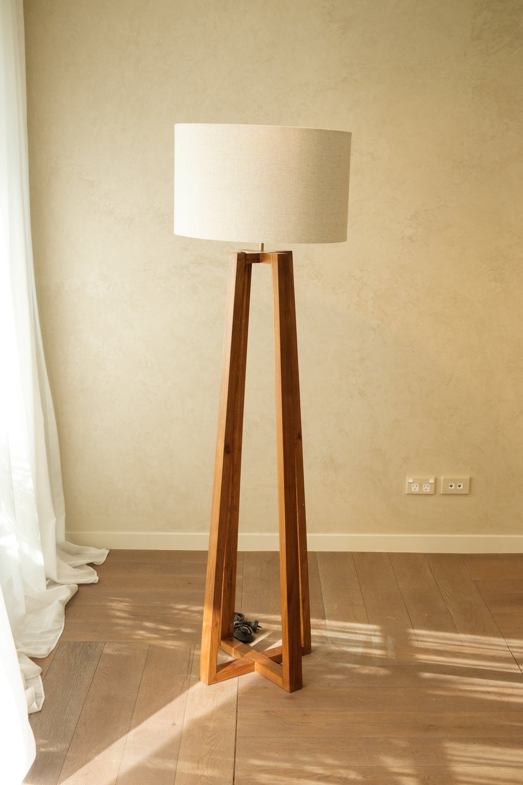 Brown Wood Tripod Floor Lamp with Linen Shade