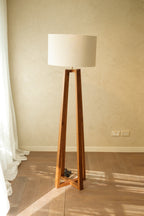 Brown Wood Tripod Floor Lamp with Linen Shade