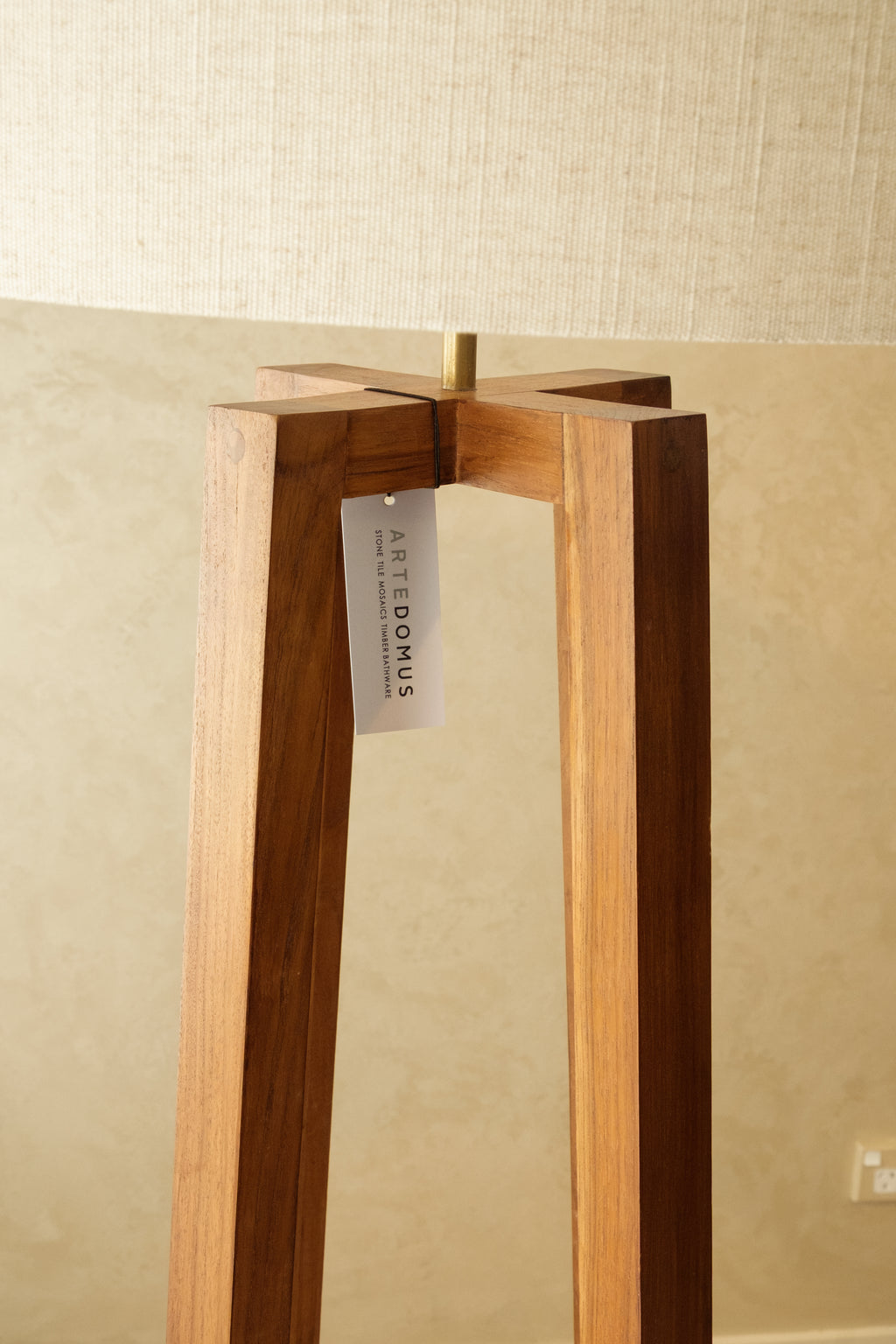 Brown Wood Tripod Floor Lamp with Linen Shade