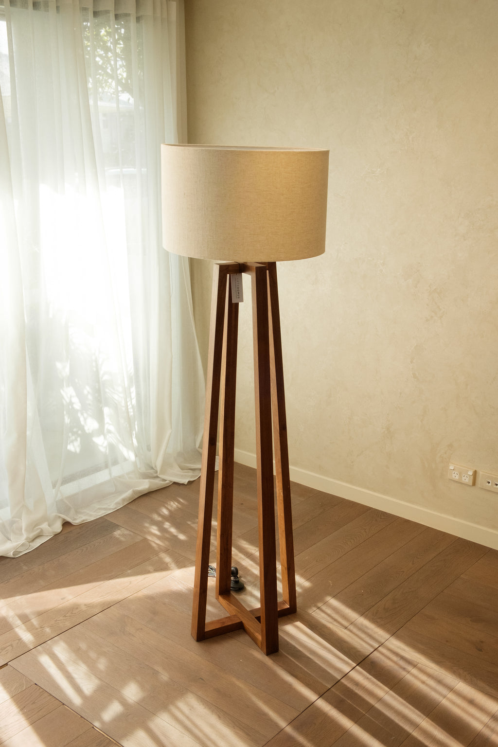 Brown Wood Tripod Floor Lamp with Linen Shade
