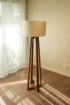 Brown Wood Tripod Floor Lamp with Linen Shade