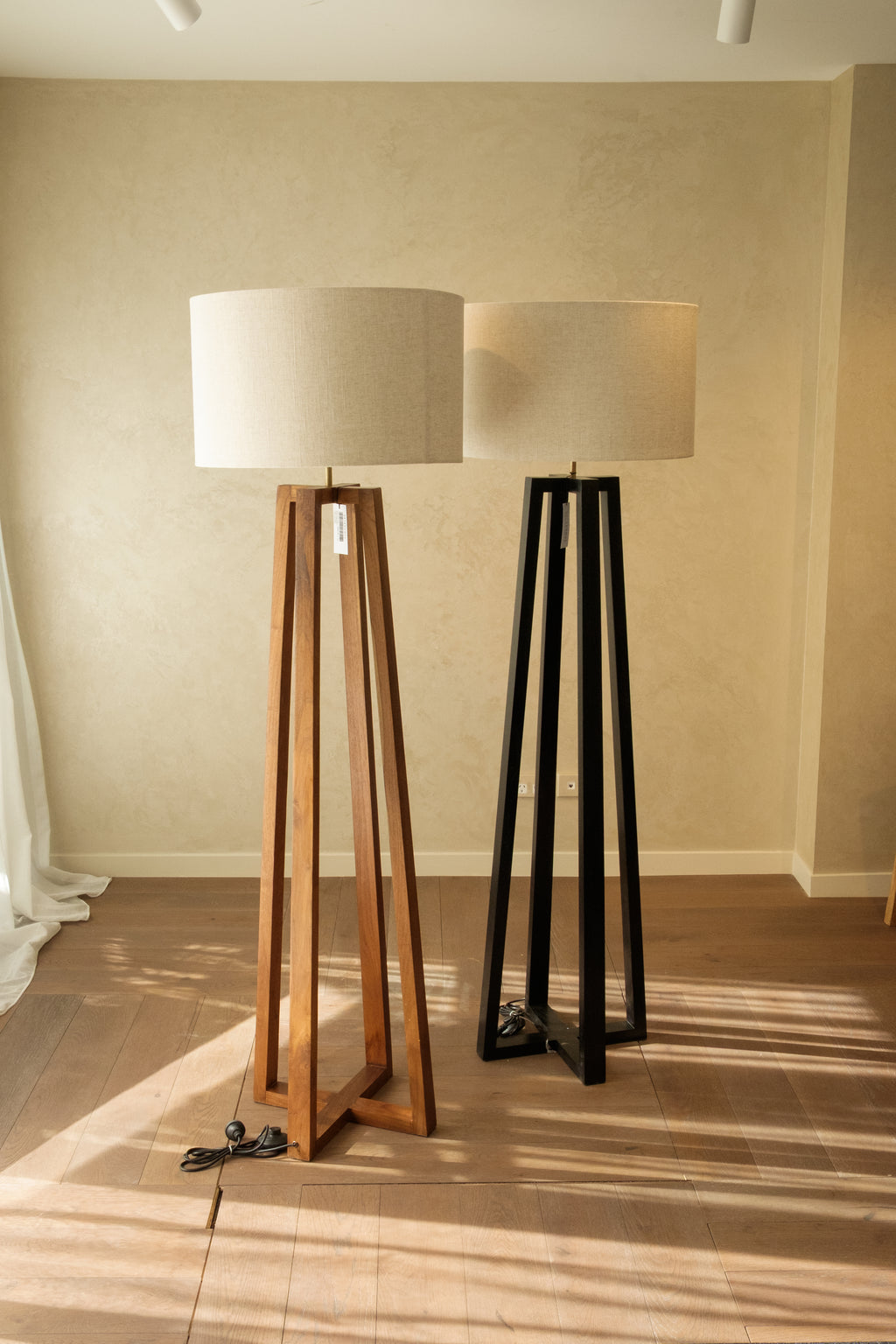 Brown Wood Tripod Floor Lamp with Linen Shade